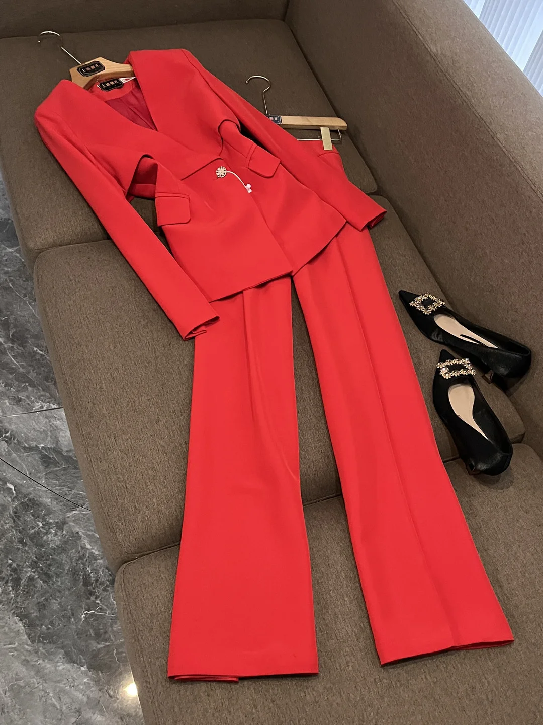 

Red Autumn Winter Profional Women's Suit Set Commute Formal Wide Leg Pants Set High End Feelings Workplace Outfit C