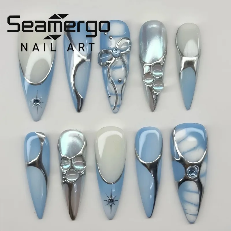 

24PCS Spice Girls Metallic Silver Bow Patterns False Nails Sweet Cool Blue Star Long Stiletto Press on Nails Full Cover Wearable