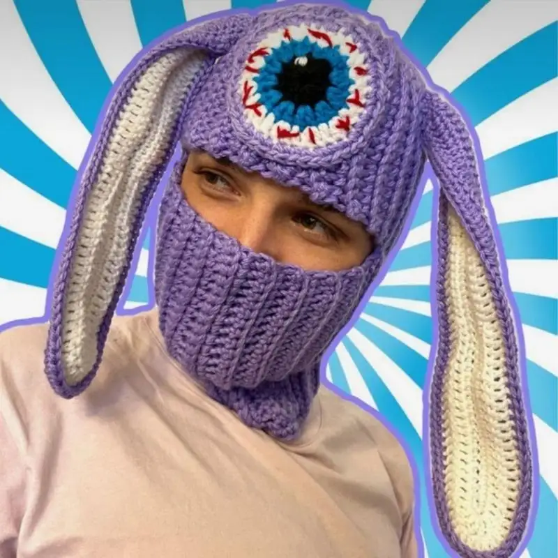 N5KB Balaclava hoed schattige konijn gehaakte hoed voor vrouwen mannen foto rekwisieten bunny oordap cosplay- Halloween