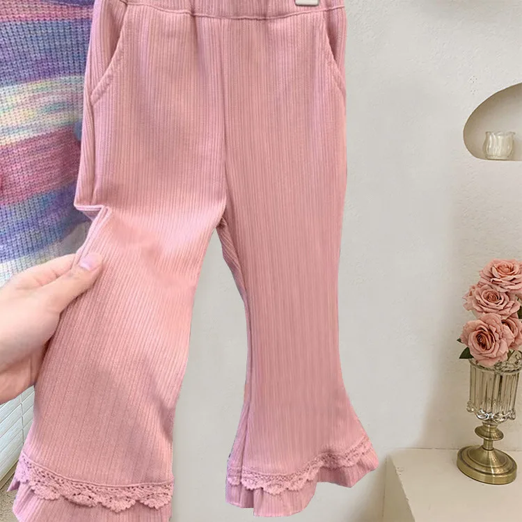 Girls\' autumn dress girls\' ruffled sweater + pink lace bell bottoms knitted cardigan top horn spring autumn two-piece set tide