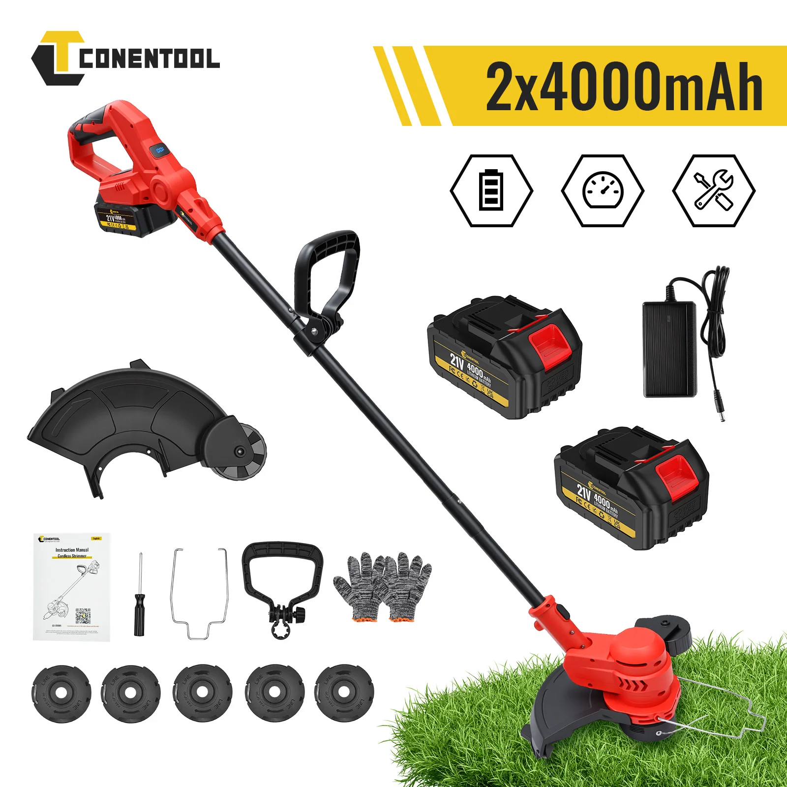 CONENTOOL 12 Zoll Kabelloser Rasentrimmer 2000W Rasenmäher Faltbarer Profi-Freischneider 2x4000mAh Akku für Makita 18V Akku
