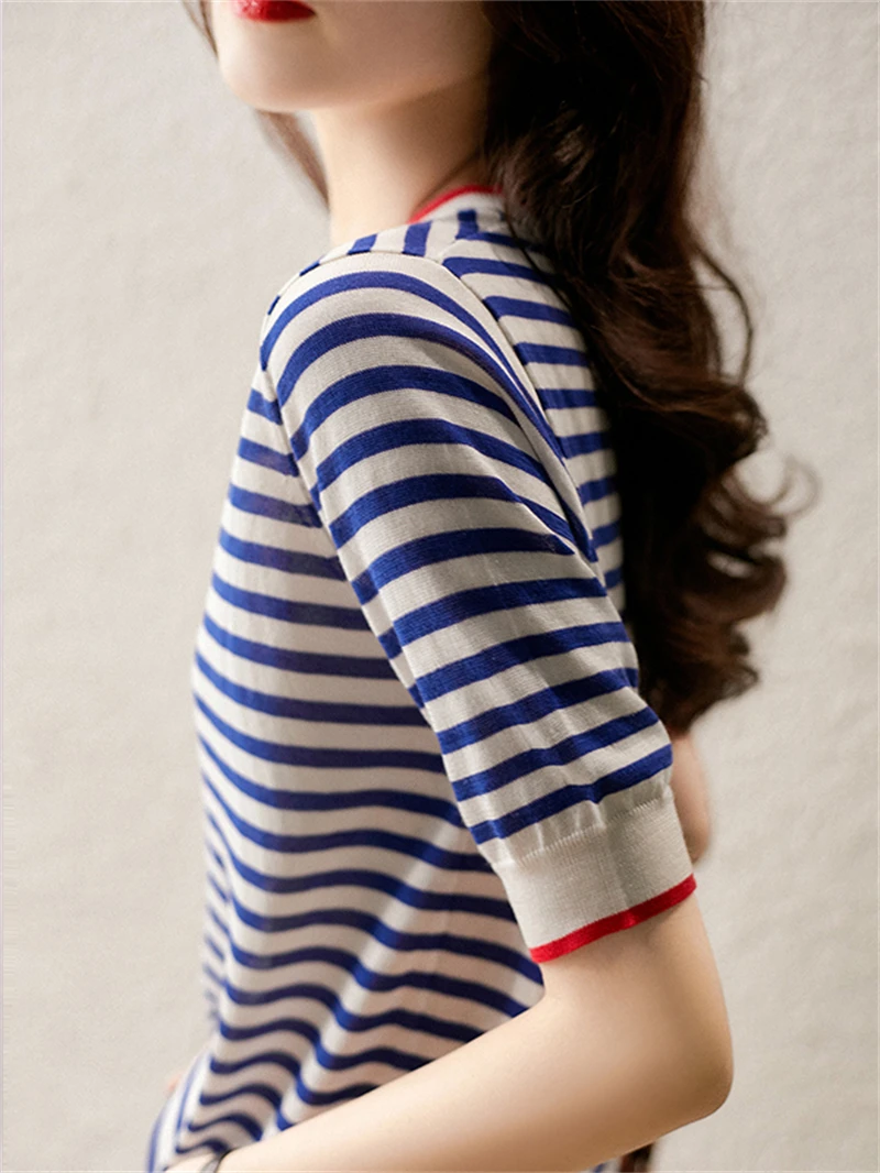 Summer New Contrast Stripe Short sleeved T-shirt Women\'s Round Neck Knitwear Women\'s Top 7555