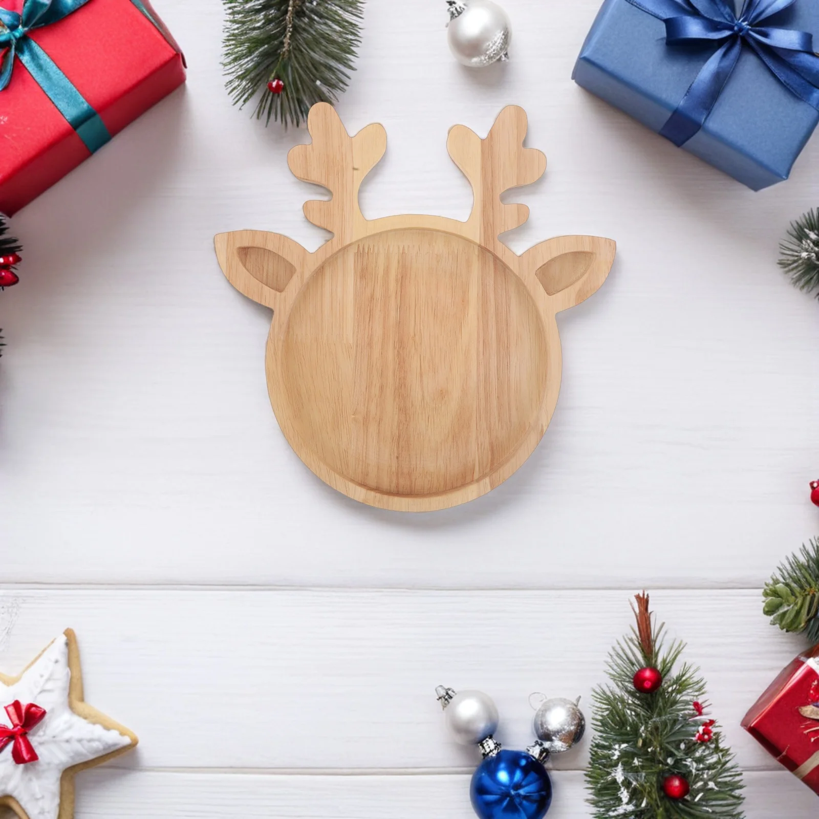 

Wood Christmas Serving Tray Reindeer Round Solid Wood Food Platter Charcuterie Board Xmas Snack Xmas Fruit Holiday Plate