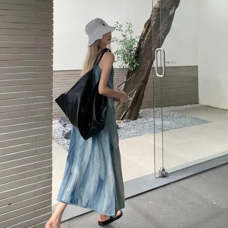 Summer Korean Loose Style Beach Vacation Long Dress Women's Strapless Tie Dye Gown Elegant City Walk V Neck a Line Skirt