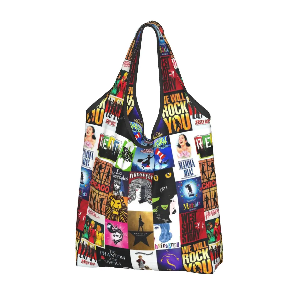 Reusable Popular Musicals Logo Collage Shopping Bags for Groceries Foldable Famous Music Grocery Bags Washable Large Tote Bags