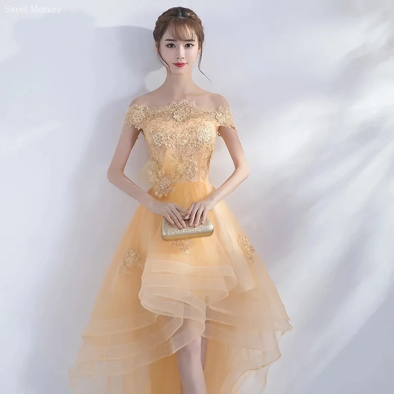 D12156 Boat Neck High/Low Gold Evening Dresses Princess Appliques Lace Up Back Formal Prom Dress