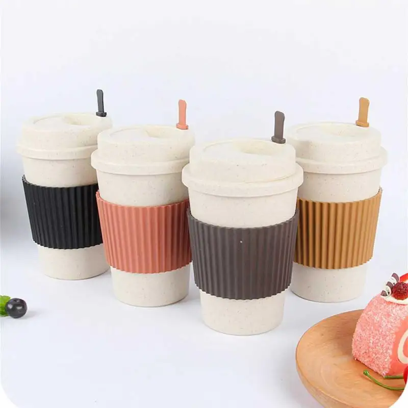 450ML Coffee Cups With Lids Wheat Straw Reusable Portable Coffee Cup Dishwasher Safe Coffee Mug Coffee Tea Travel Cups