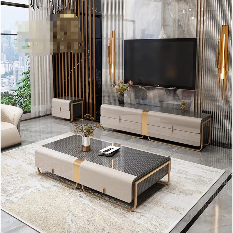 

Modern high-end wooden stainless steel coffee table living room table