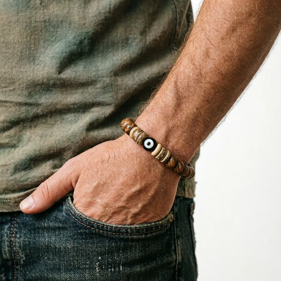 

Винтажный браслет с бусинами в виде глаза-оберега для мужчин, тибетские буддийские молитвенные бусы, простое украшение, деревянные молитвенные бусы, браслет для медитации.