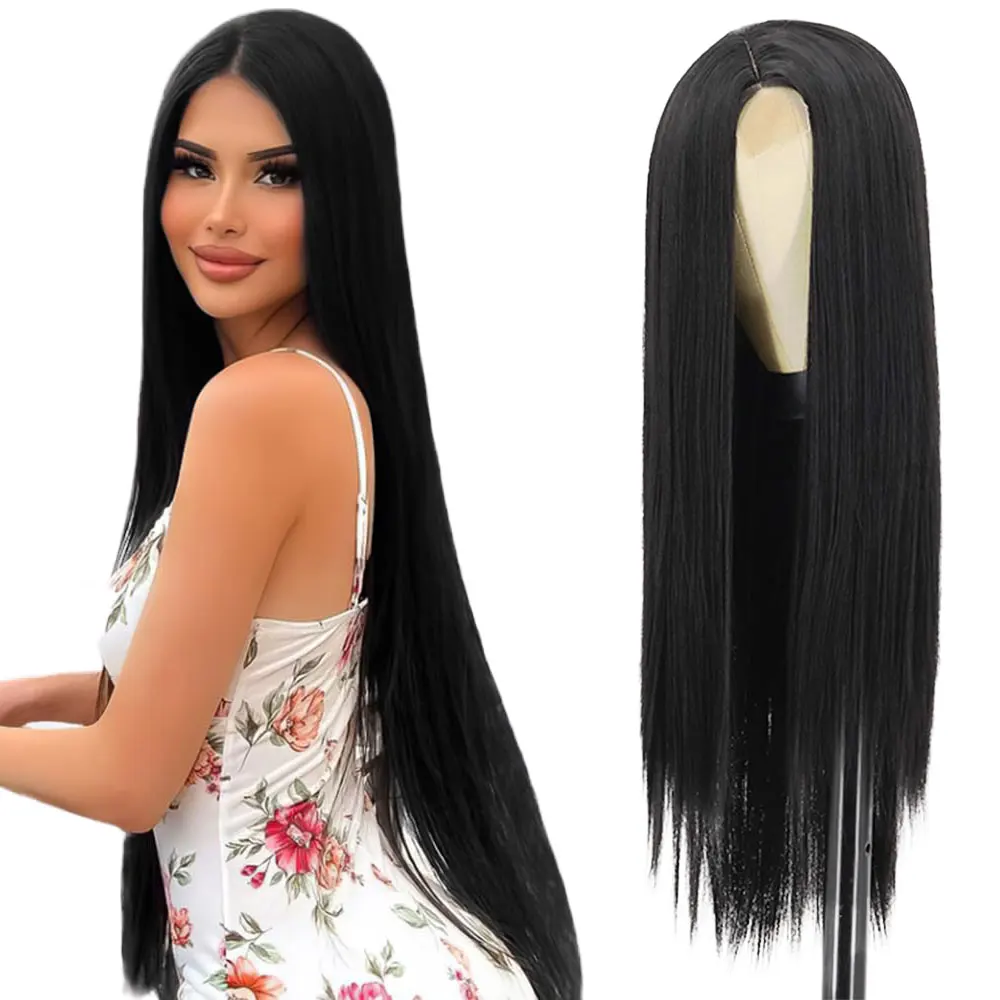 

32 Inch Straight Synthetic Wigs Small Lace On The Forehead Natural Appearance Black Long Hair Wig For Women Daily Use (black)
