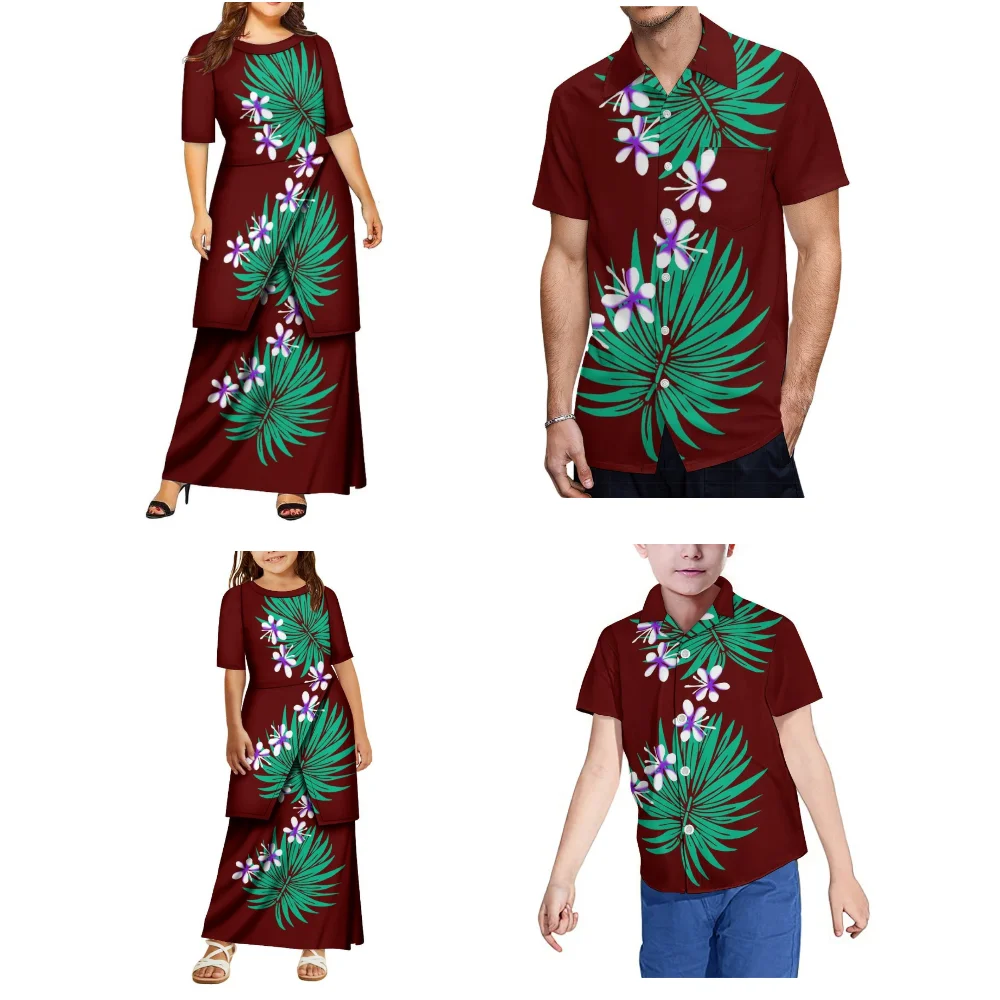 

Ethnic Style Family Set Polynesian Tribal Art Print Fashionable Women'S Puletasi Dress And Men'S Shirt Children'S Clothing