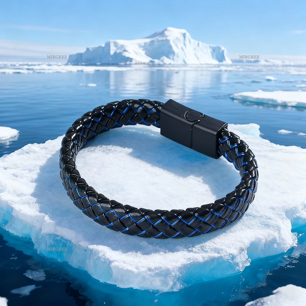 قطعة واحدة من سوار جلد البولي يوريثان المنسوج باللونين الأسود والأزرق للرجال، إكسسوار معصم كاجوال فريد، هدية ممتازة