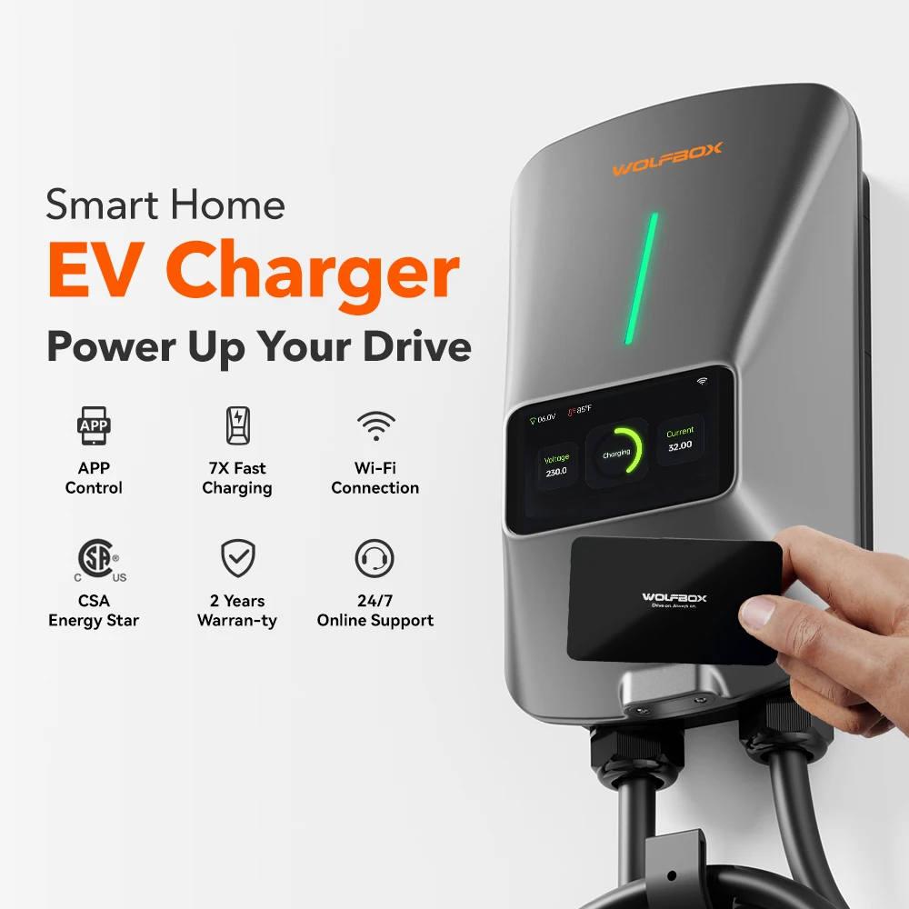 WOLFBOX EV Charging Station Type 2 7KW 32A 1 Phase Electric Vehicle Car Charger Wallbox with LCD Screen APP Control RFID Card