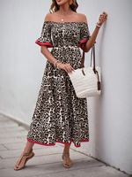 A retro leopard print one-shoulder five-quarter sleeve dress for women in cross-border trade from Europe and America in 2025