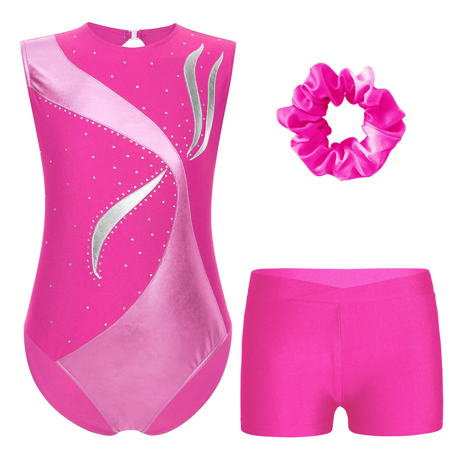 Roupa de ginástica sem mangas para meninas, collant de balé metálico, strass brilhante dancewear, cintura frontal em V, shorts headwear