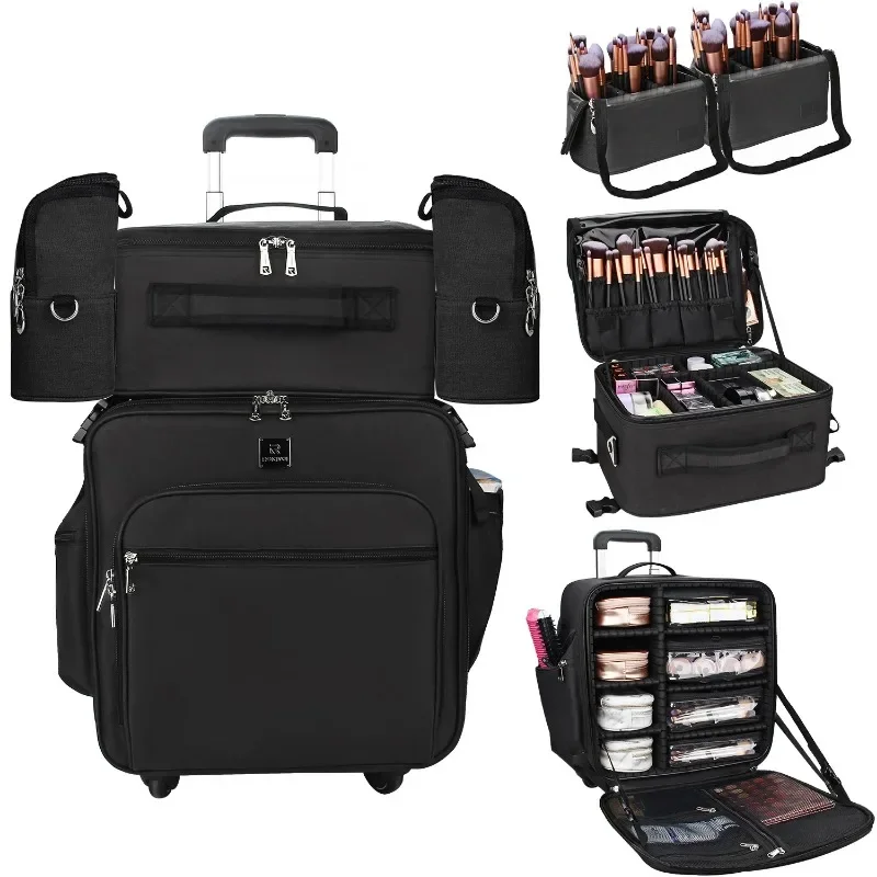 Relavel Professional Makeup Artist Travel Organizer Train Case 4 in 1 Makeup Trolley Case Makeup Rolling Cosmetic Case