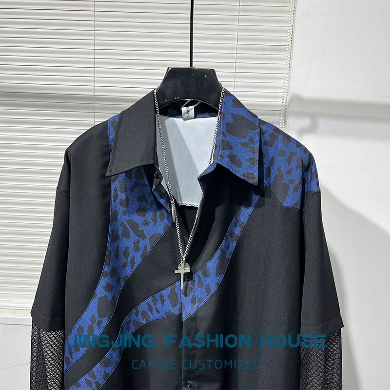 2023 Original black department personality irregular leopard print patchwork mesh loose and handsome shirt men's fashion shirt