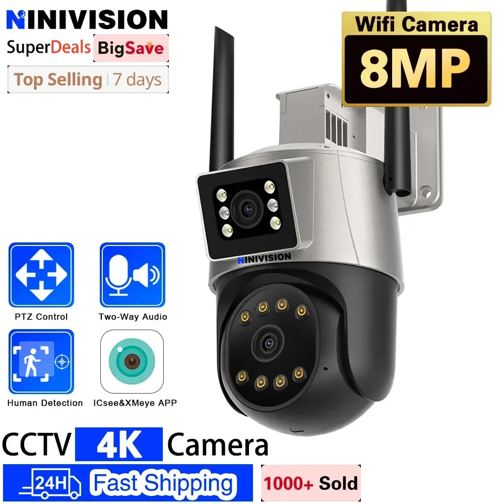 

4K WiFi IP Camera Outdoor HD Color Night Vision 4MPX2 Dual Lens Dual Screen PTZ 8MP Motion Auto Track Security Monitoring CCTV