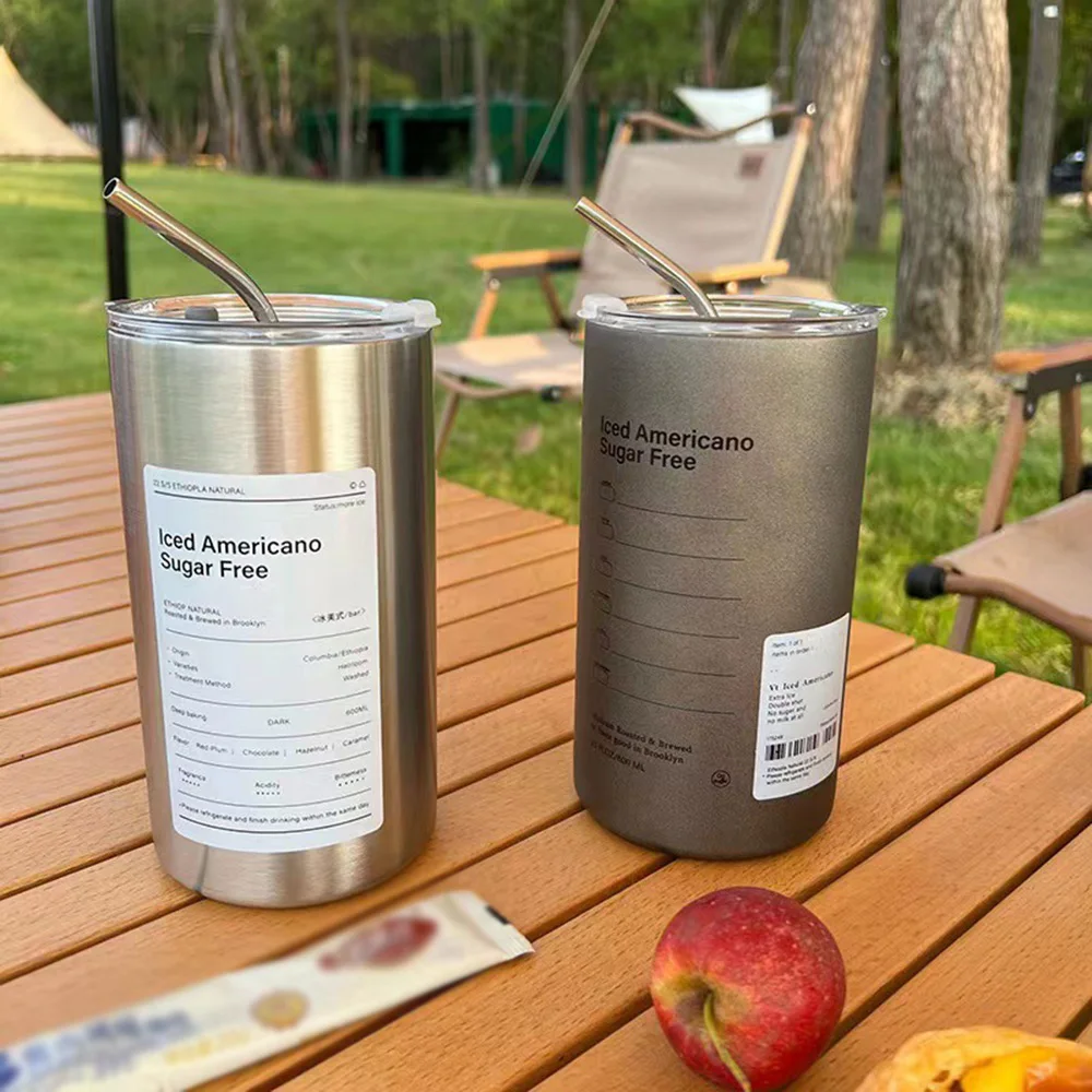 Coffee Cup Thermos Stainless Steel Water Bottle with Straw 360/600ml Ice American Coffee Mug Vacuum Flask Double-layer Straw Cup