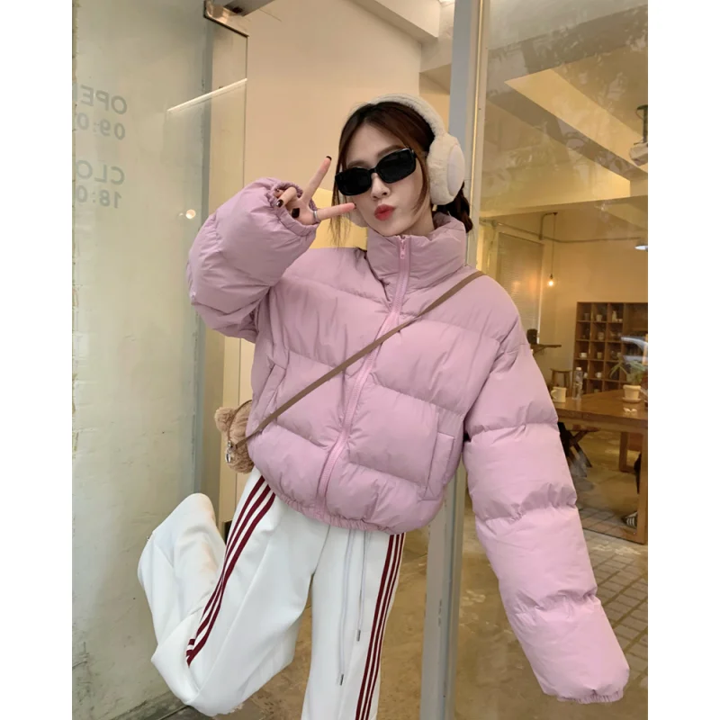 

Pink Down Jacket Women Coat Stand Collar Fashion American Streetwear Y2K Style Duck Down Feather Female Winter Short Outwear