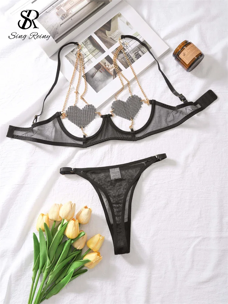 

SINGREINY Hollow Out Sexy Lingerie Suits 2024 Love Bra+Thongs Two Pieces Sets Metal Chain Transparent Mesh Erotic Underwear Sets