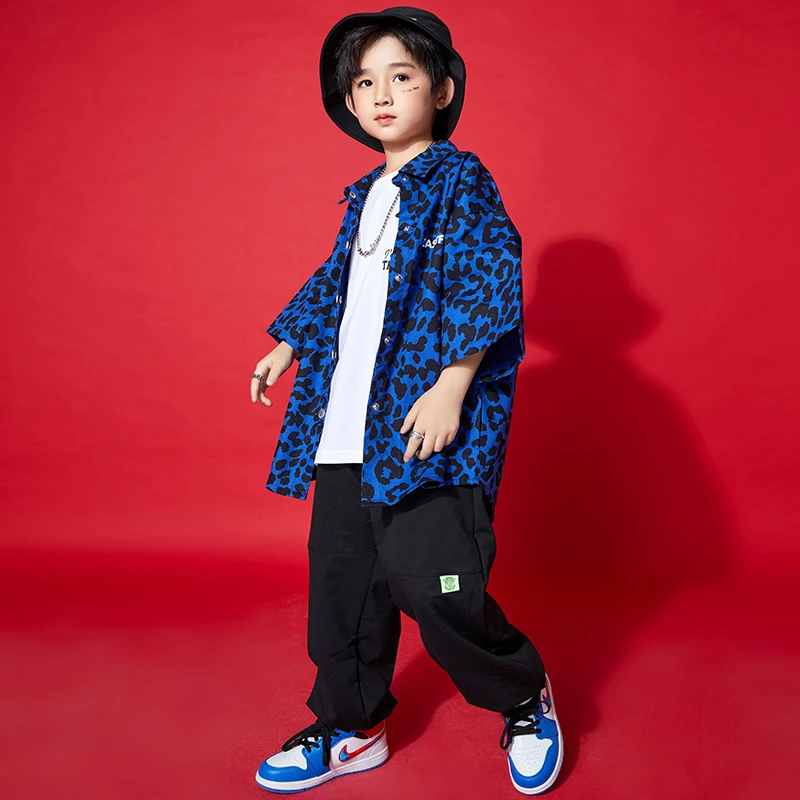 Kids Hiphop Kleding Blauw Print Oversized Luipaard Shirt Top Streetwear Joggingbroek Voor Meisjes Jongen Dans Kostuums Kleding