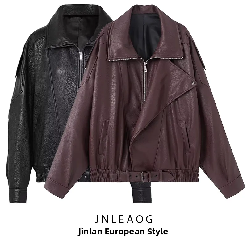 JNLEAOG Damen Lose Modische Herbst-Lederjacke Vielseitige Lange Jacke mit Reißverschluss aus Polyesterfaser