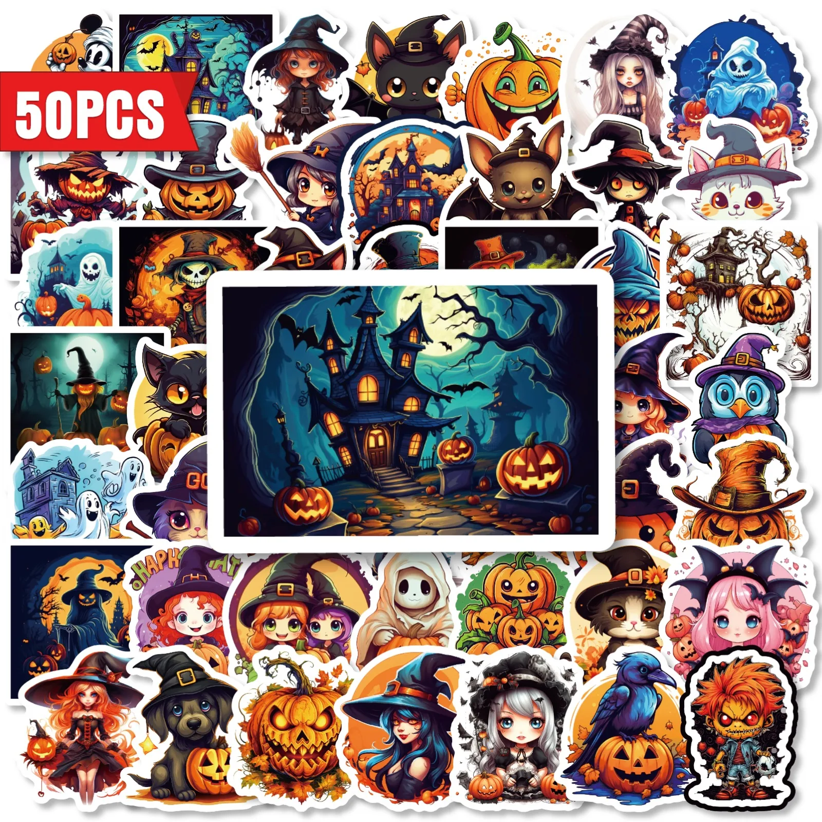50Pcs Halloween Gothic Pumpkin Witch Cat Haunted House Decals Scrapbook Journal Waterproof Laptop Bottle DIY Decor Sticker Pack