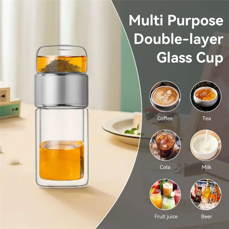ABUN High Borosilicate Glass Tea Water Bottle Double Layer Infuser Tumbler with Tea Filter, Portable Drinkware for Everyday Use