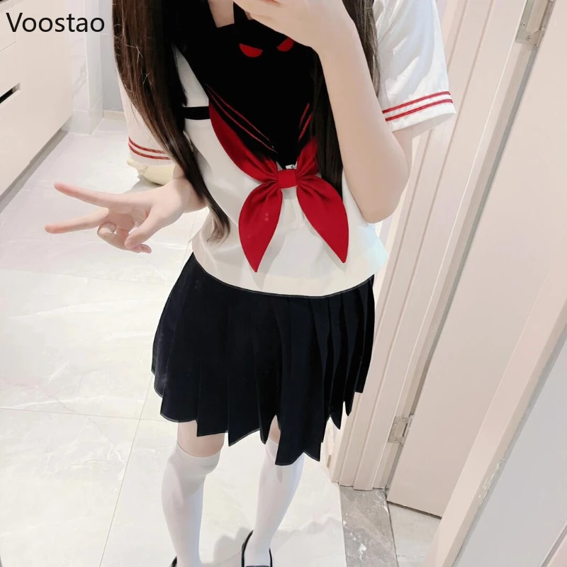 Japanese Kawaii School Girl Uniform Korean Style Sweet Cute Cosplay Little Devil JK Uniform Set Women Gothic Black Pleated Skirt