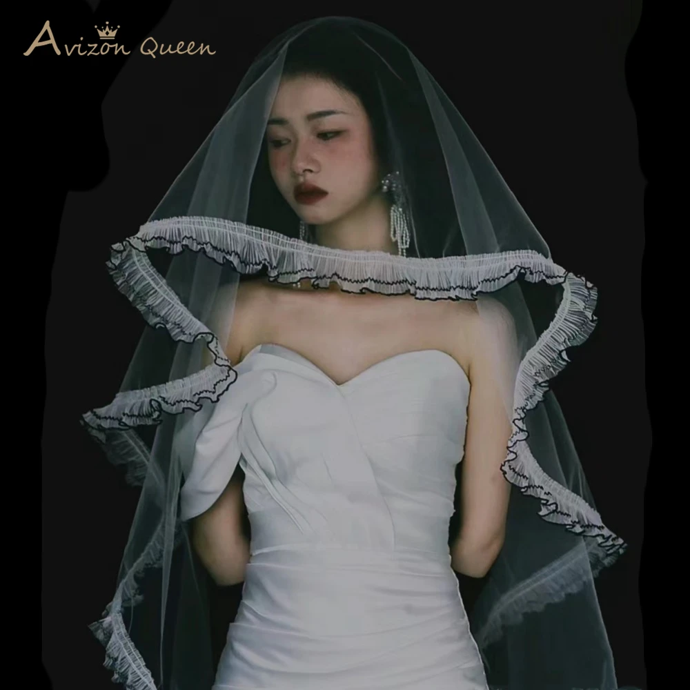 Velo de novia de doble capa con borde de encaje plisado, serie negra oscura, velo de novia negro abiti da sposa recuerdos de boda