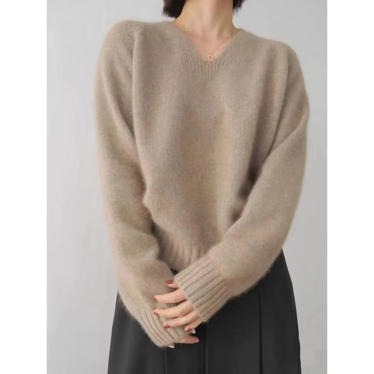 Pure Mountain Cashmere Sweater for Female, V-Neck, Loose Lazy Pullover, Long Sleeve Wool Knitted, Bottoming Sweater, New, Autumn