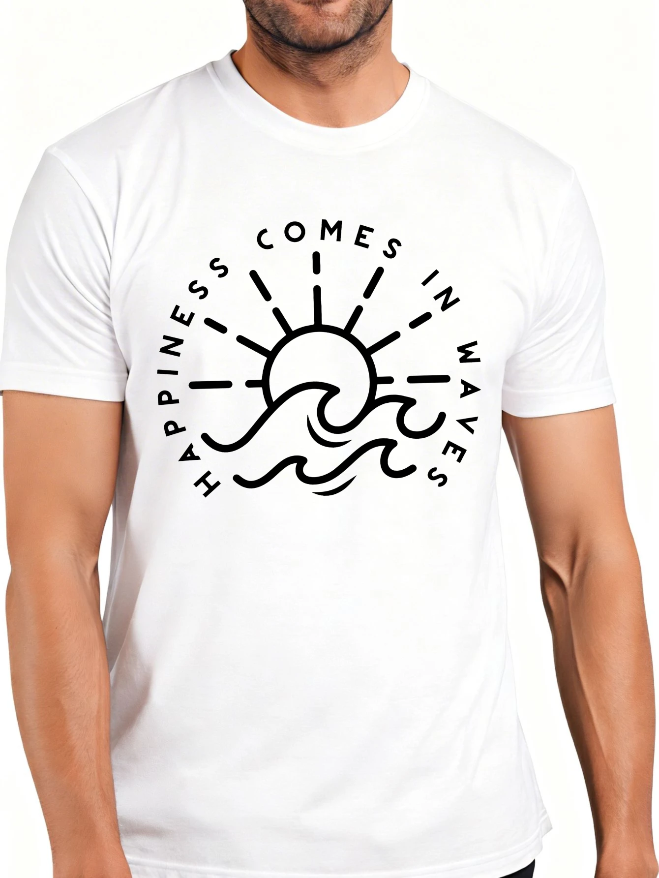 Casual Style Men's T-Shirt with Sun and Waves Design, Happiness Flows Like Waves, Summer Beach Outfit, Gift for Surfers and Ocean Enthusiasts.