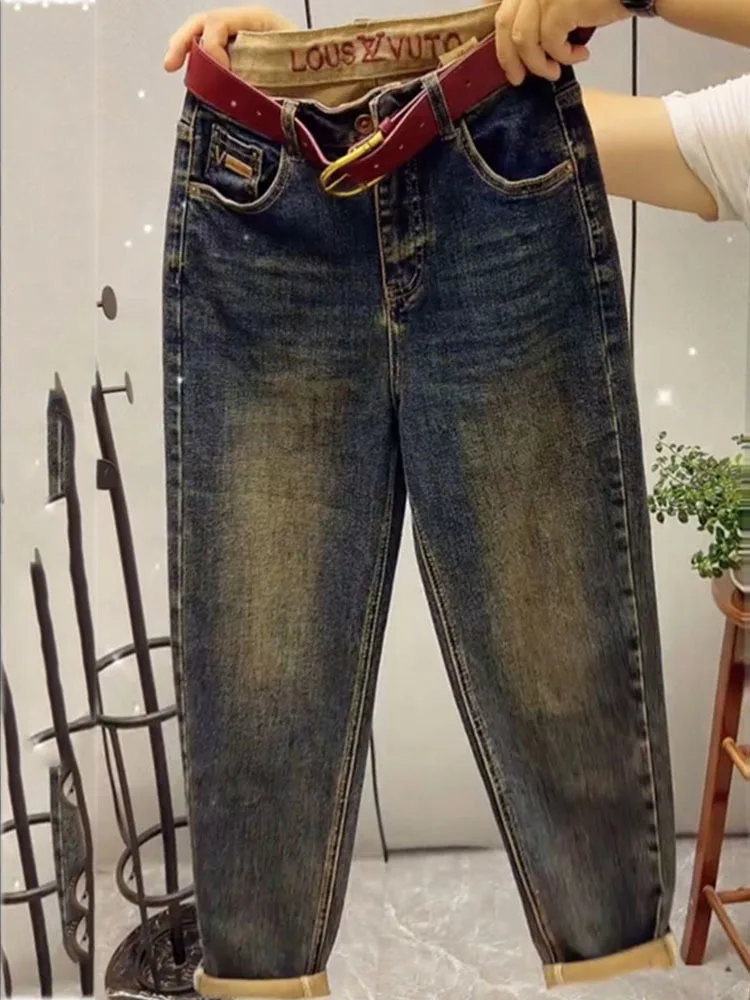 New High-end Autumn And Winter High Waisted Straight Leg Jeans, Loose Fit, Elastic Harun Denim Pants, Women's And Ankle Pants