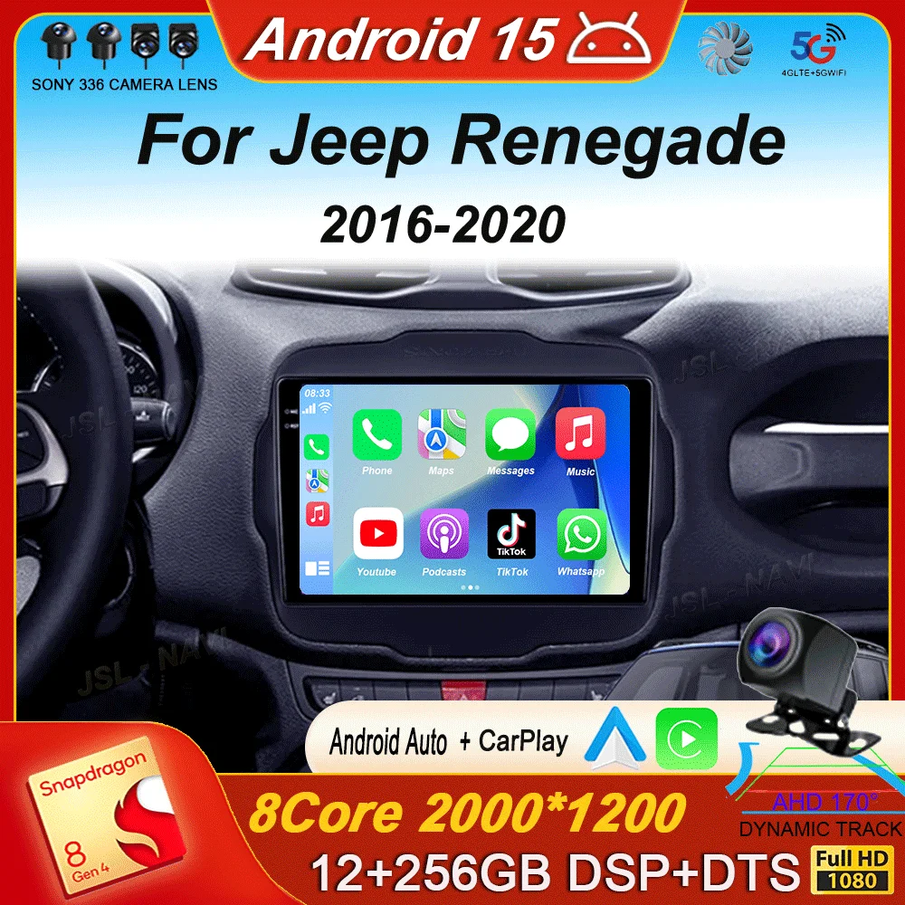 

Автомобильный радиоприемник Carplay для Jeep Renegade 2016-2020, Android 15, GPS-навигация, мультимедийный видеоплеер, авторадио, стерео, WIFI + 4G BT