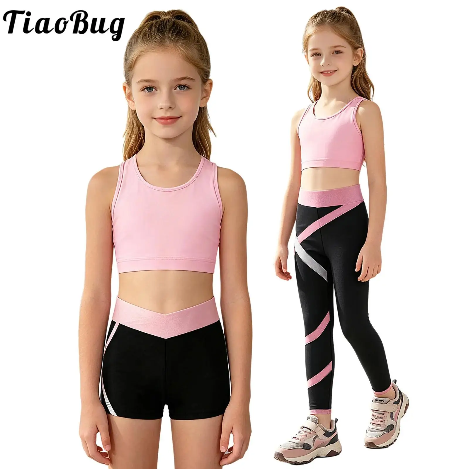 3-teiliges Sportset für Kinder und Mädchen, Cross-Back-Crop-Top-Weste mit Schlüsselloch-Ausschnitt und sportlichen Leggings, Shorts, Gym, Laufen, Workout, Yoga, Sportbekleidung