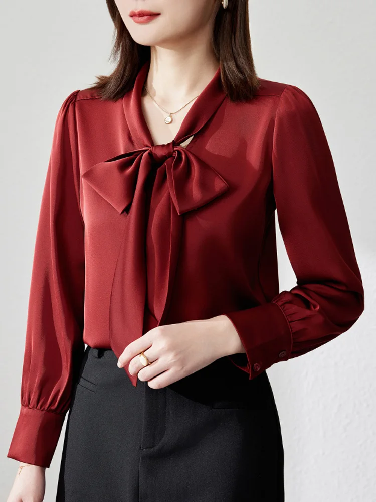 

Elegant Red Chiffon Blouse For Women Korean Fashion Bow Tie Long Sleeve Female Office OL Casual Blouses Blusas Mujer