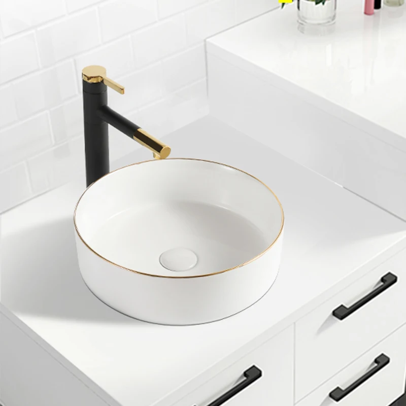 31/36/40cm Nordic Round Countertop Washbasin Household Gold Rim Bathroom Sink Artistic Ceramic Basin Toilet Vessel Sink