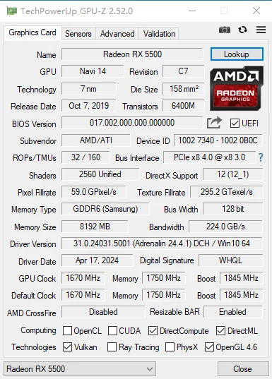 MLLSE Graphics Card RX 5500 8gb Placa De Video Gaming 7NM 128bit GDDR6 8Pin PCI Express 4.0 x 8 1717MHz DP*2 Desktop