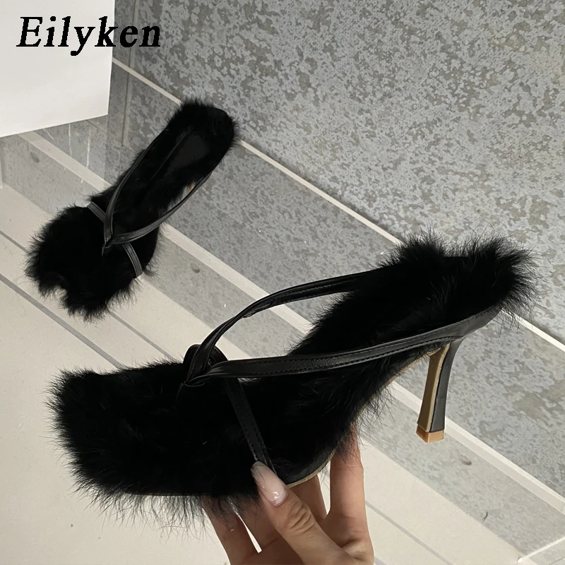 Eilyken 2024 Designer Faux Fur Feather Square Clip Toe Women Slippers Summer Shallow High Heels Flip Flops Slide Shoes