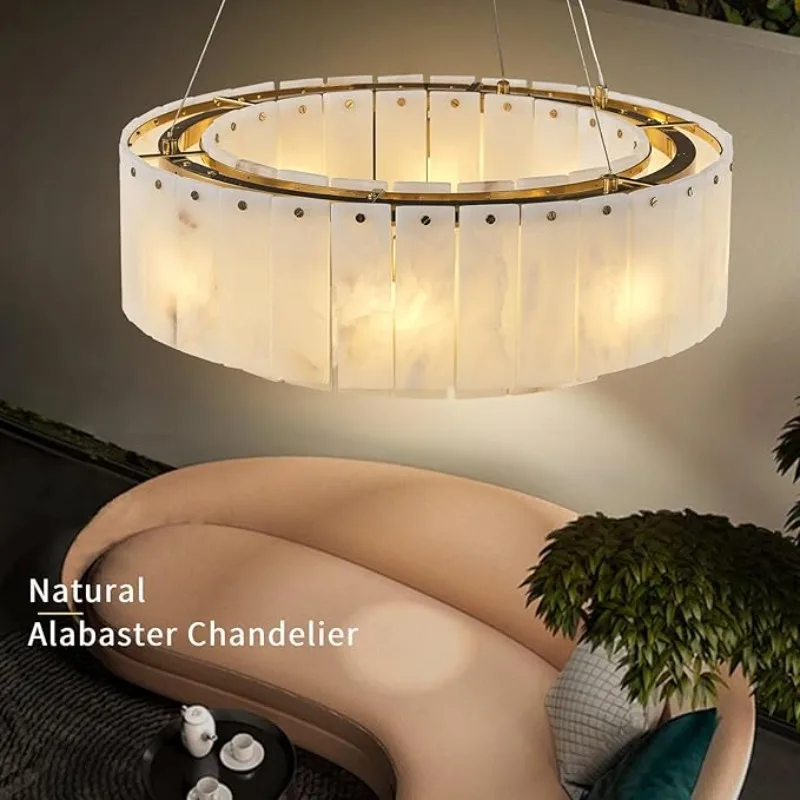 Nordic Natural Marble Pendant Lights For Living Room Dining Room Dimmable Round Alabaster Chandelier Indoor Lighting Fixture