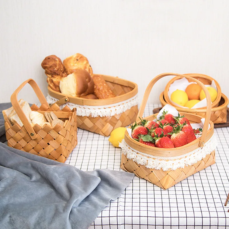 Japanese Style Woven Basket Rattan Woven Picnic Fruit Bread Egg Ginger Garlic with Gift Flower Basket Bamboo Woven Toy Storage