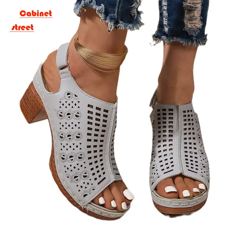 

Women's Head Layer Cowhide Retro Women Ladies Shoes Fish Mouth Open Toe Hollow Thick High Summer Breathable Plus Size Sandals