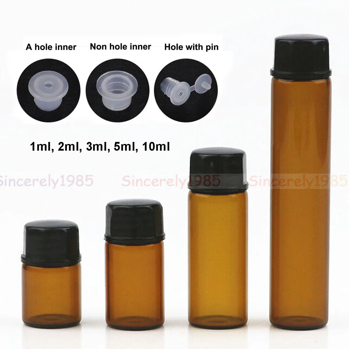 100pcs 1ml 2ml 3ml 5ml Drams Amber Glass Bottle Orifice reducer Insert Essential Oil Glass Vials Perfume Sample Test Bottle Box