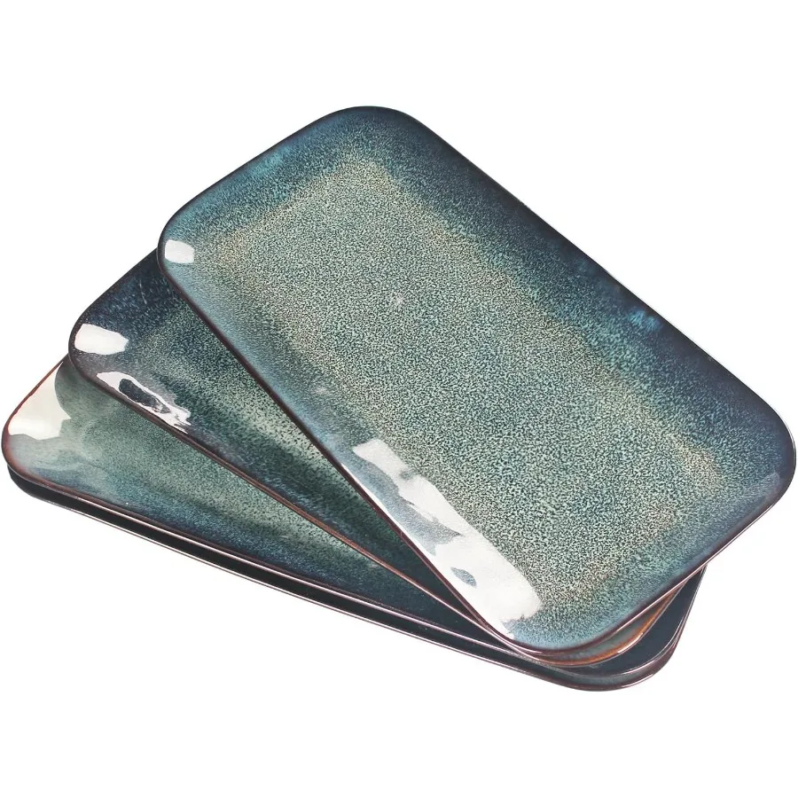 

Set of 4 Rectangular Serving Platters for Entertaining Parties Microwave and Oven Safe with Blue Reactive Glaze Finish Dishwash
