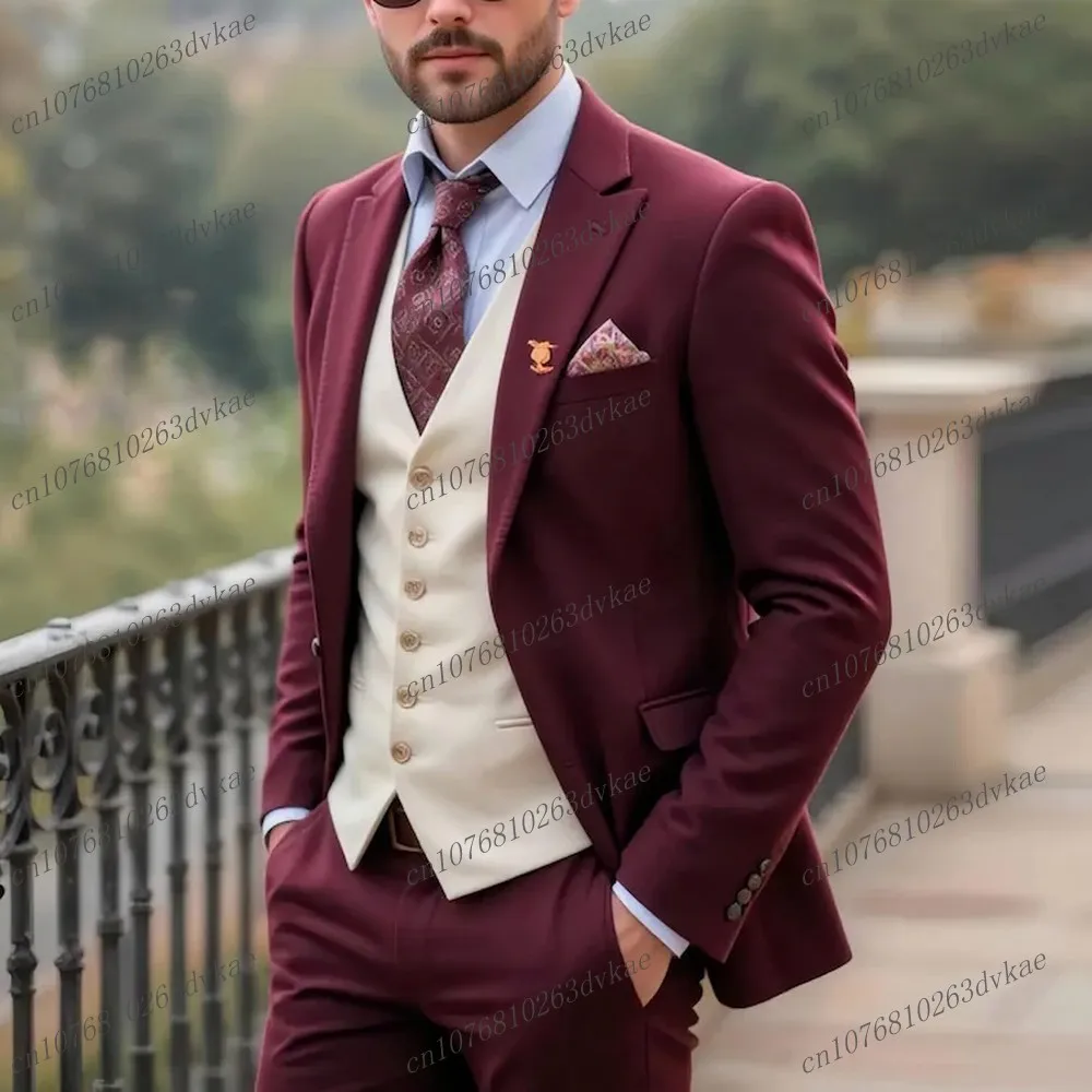 

Burgundy And Beige Men Suit Wedding Party Formal Groom Groomsman Prom Business Male Tuxedos 3 Piece Set Jacket Vest Pants