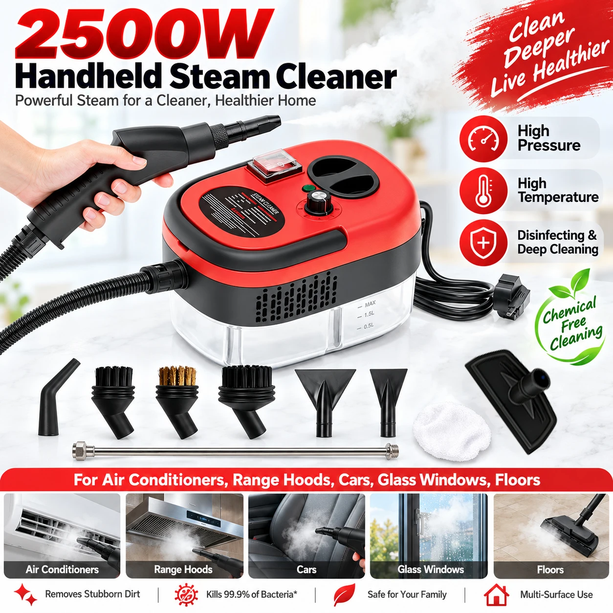 Pulitore a vapore da 2500 W, idropulitrice ad alta pressione, scopa a vapore portatile, per uso commerciale e domestico, per condizionatori d'aria, cappe da cucina, lavaggio a getto per auto,