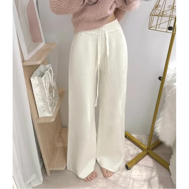 Chic taille haute tricoté pantalons décontractés femmes coupe ample Simple Sle automne hiver nouveauté longueur de plancher pantalon à jambes larges
