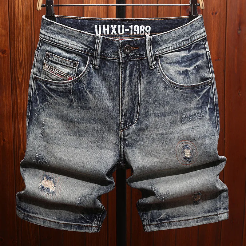 Summer men's cropped shorts with ripped patches, trendy and retro washed straight leg casual high-end denim shorts