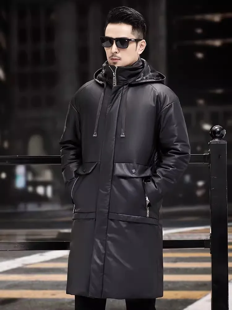 Winter Mens Cowhide Genuine Leather Down Coat Loose Fit Straight High Street Casual Outerwear Male Hooded Long Jacket Size:M-5XL